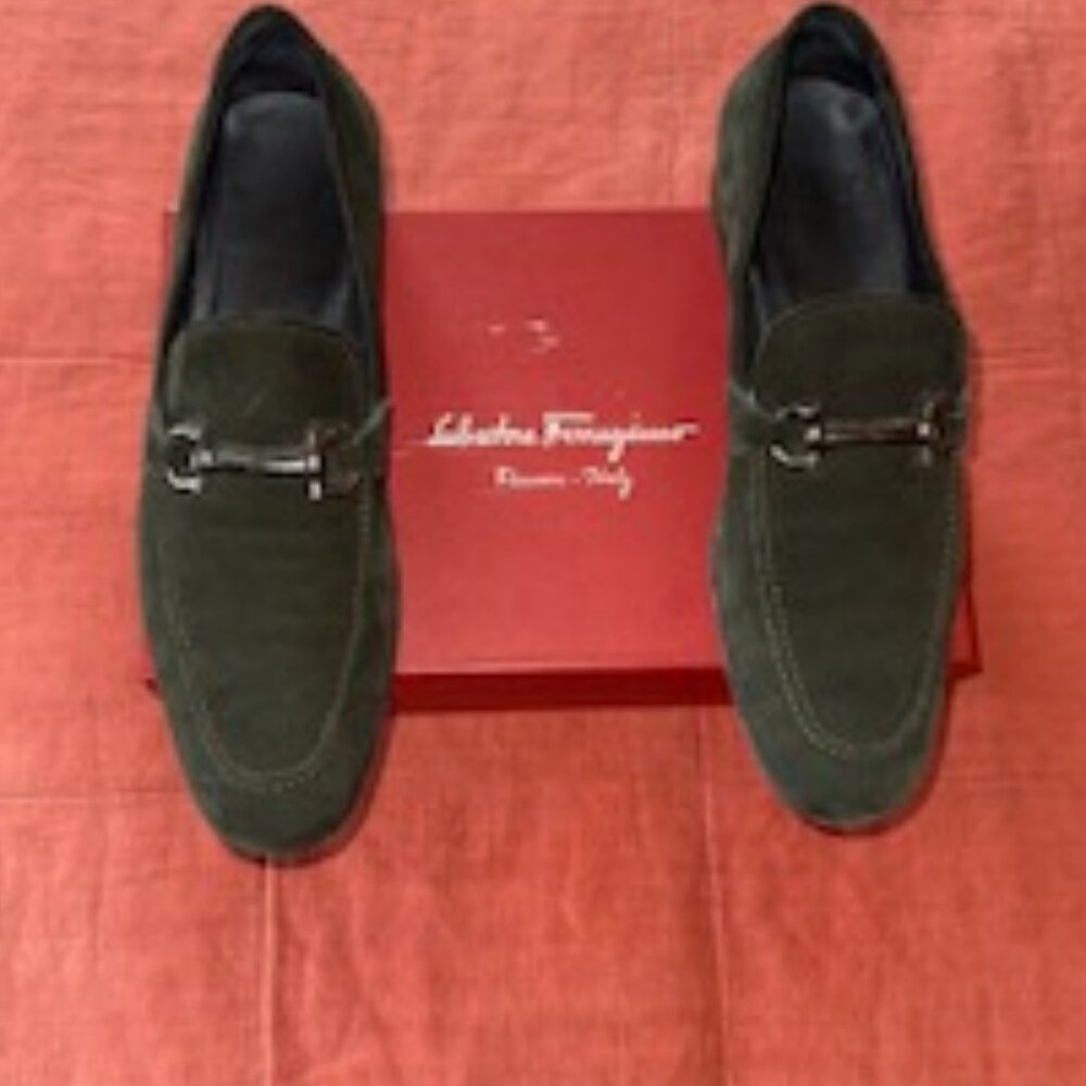 Pair of mens Salvatore Ferragamo green buck suede loafers , size 12